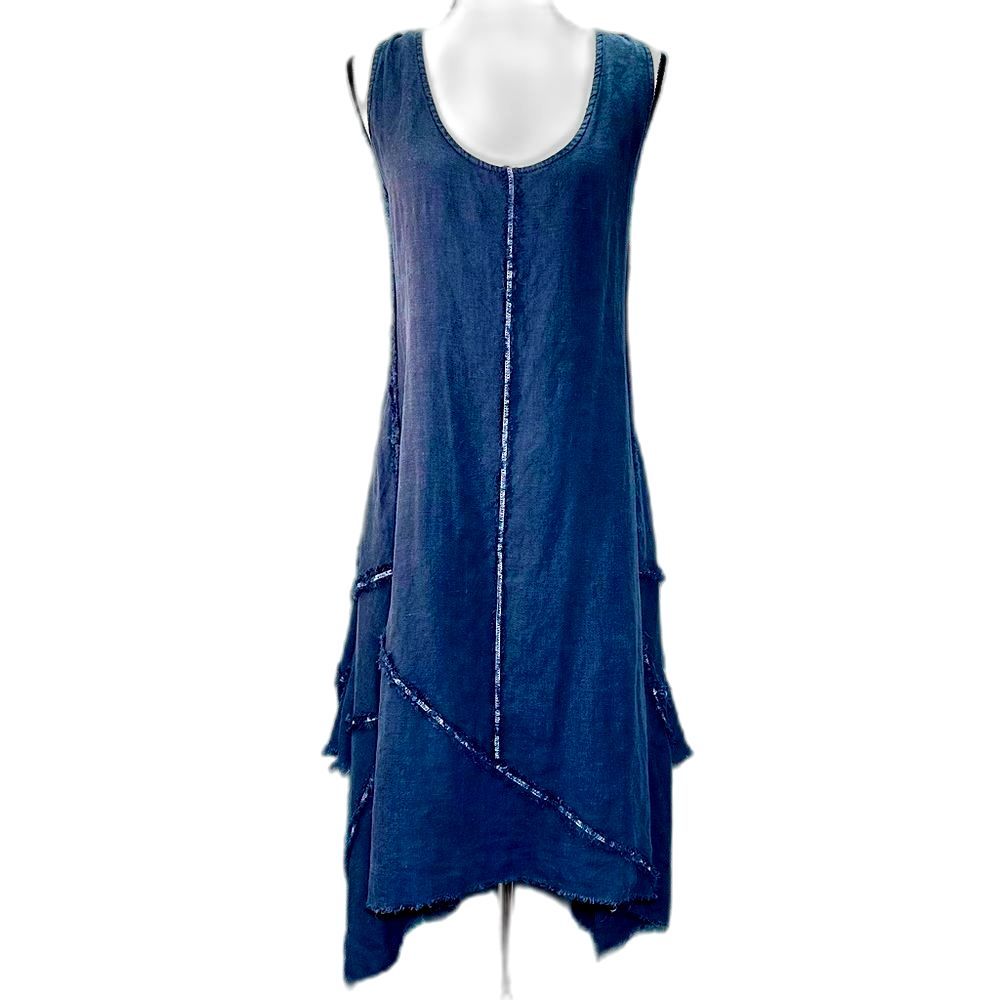 Yuvita Lagenlook Charcoal Dark Grey Linen Asymmetrical Handkerchief Hem Dress L